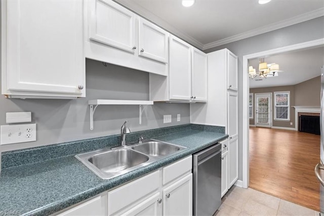 kitchen with a sink, open shelves, stainless steel dishwasher, white cabinets, and a chandelier