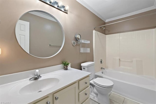 full bathroom featuring tile patterned flooring, crown molding, toilet, vanity, and  shower combination