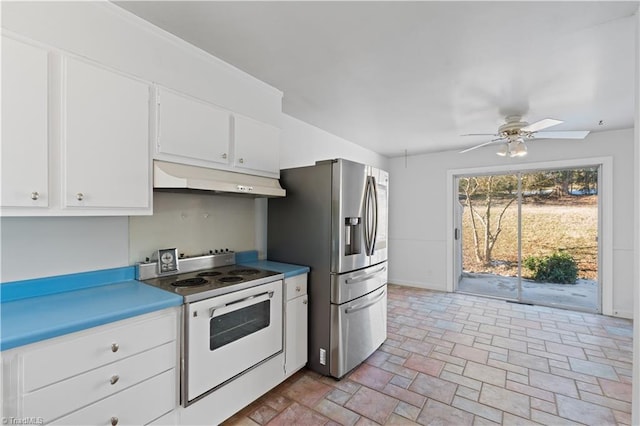 kitchen featuring white cabinets, white range with electric cooktop, ceiling fan, and stainless steel fridge