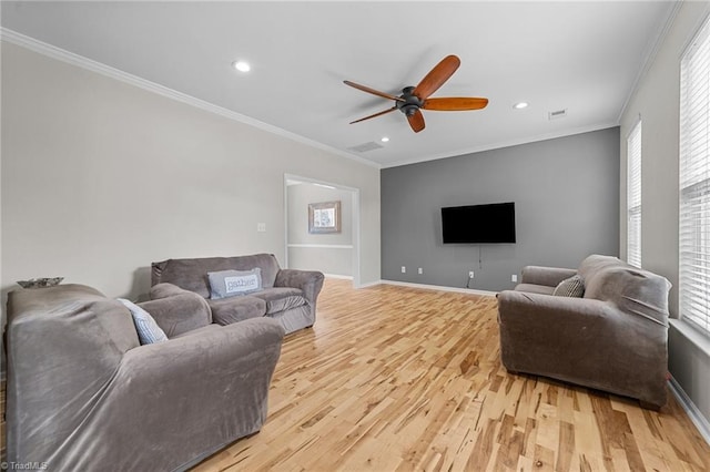 6416 Rock Springs Rd, Greensboro, NC 27410 - living area with ceiling fan, light wood finished floors, recessed lighting, and crown molding