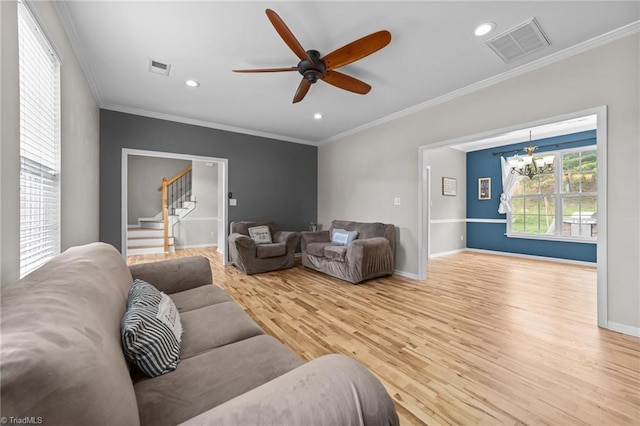 6416 Rock Springs Rd, Greensboro, NC 27410 - living room featuring crown molding, light wood-type flooring, stairway, recessed lighting, and ceiling fan