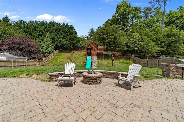 6416 Rock Springs Rd, Greensboro, NC 27410 - fenced backyard featuring a fire pit, a patio area, and a playground