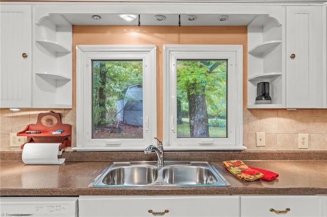 2796 Grant Trl, Randleman, NC 27317 - kitchen with open shelves, a sink, white cabinetry, dishwasher, and dark countertops