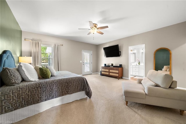 4215 Chippenham Ct, Graham, NC 27253 - bedroom featuring light carpet, access to exterior, ensuite bath, baseboards, and a ceiling fan