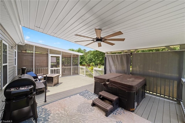 4215 Chippenham Ct, Graham, NC 27253 - deck with a hot tub, a sunroom, grilling area, and a ceiling fan