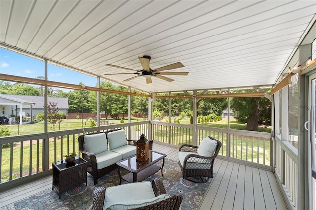 4215 Chippenham Ct, Graham, NC 27253 - wooden deck featuring an outdoor living space, a lawn, and a ceiling fan
