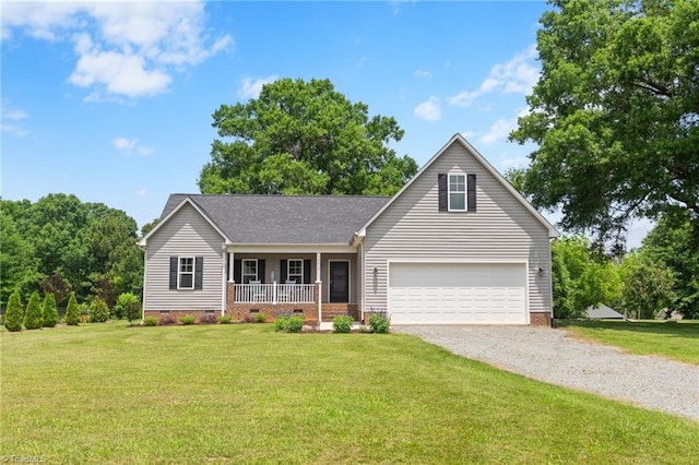 4215 Chippenham Ct, Graham, NC 27253 - view of front of property with crawl space, covered porch, a front yard, and gravel driveway