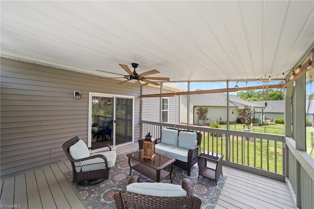 4215 Chippenham Ct, Graham, NC 27253 - deck with an outdoor hangout area, a ceiling fan, and a lawn