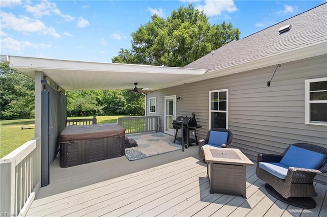 4215 Chippenham Ct, Graham, NC 27253 - deck with a hot tub, a grill, and a ceiling fan