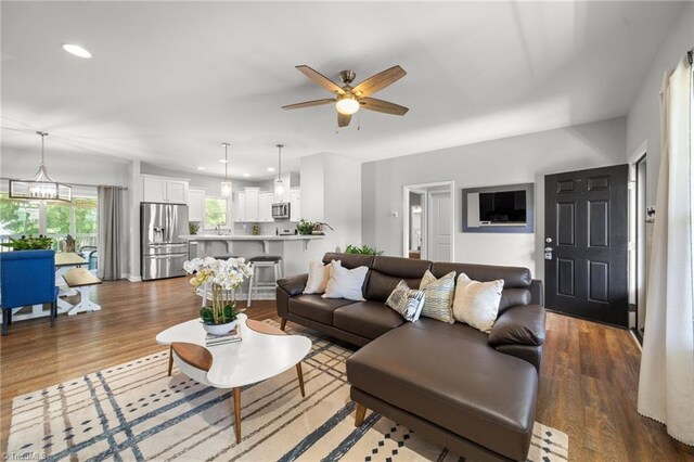 4215 Chippenham Ct, Graham, NC 27253 - living room with a ceiling fan, recessed lighting, and wood finished floors