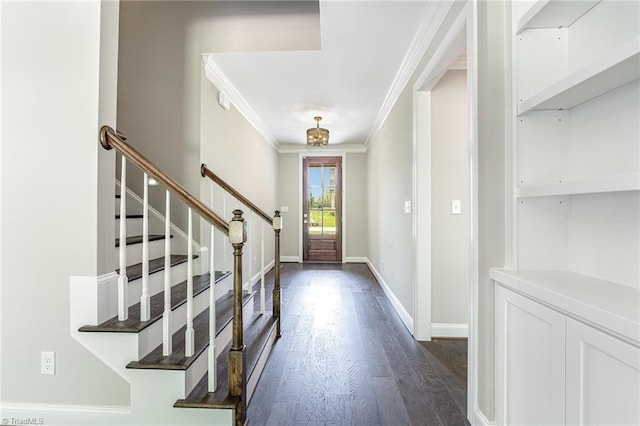 entrance foyer featuring ornamental molding and dark hardwood / wood-style floors