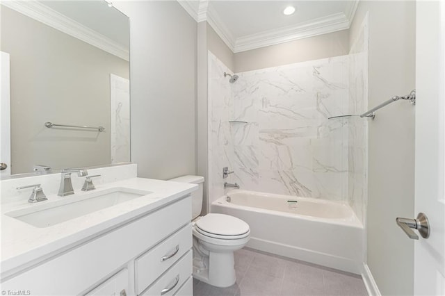 bathroom with toilet, vanity, ornamental molding, and shower / bathing tub combination