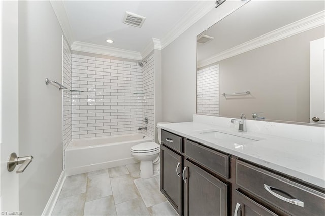 full bath featuring shower / washtub combination, crown molding, visible vents, toilet, and vanity