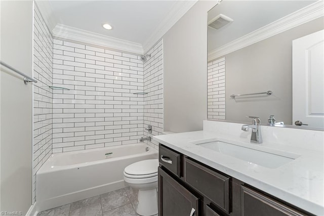 bathroom with shower / bathtub combination, toilet, visible vents, vanity, and ornamental molding