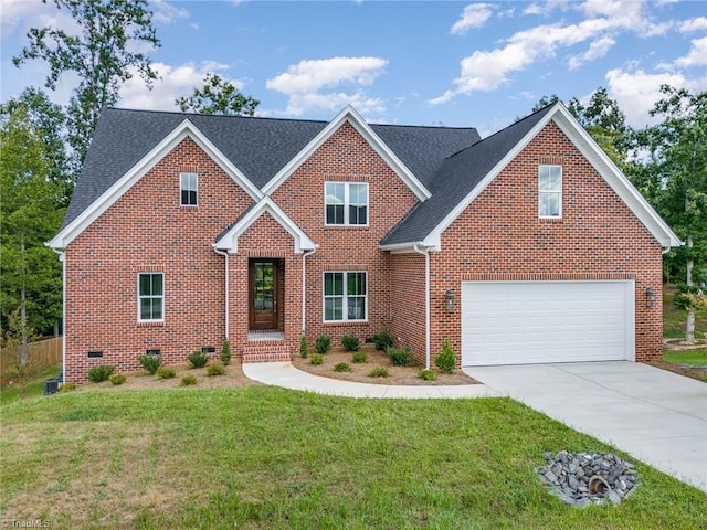 traditional-style house featuring a garage, brick siding, concrete driveway, crawl space, and a front lawn