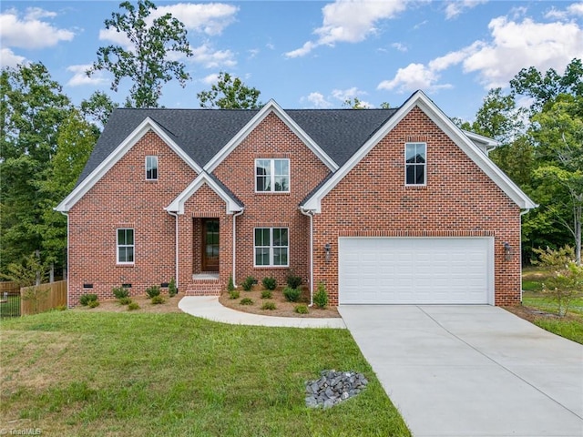 view of front of home with a front yard, crawl space, brick siding, and driveway