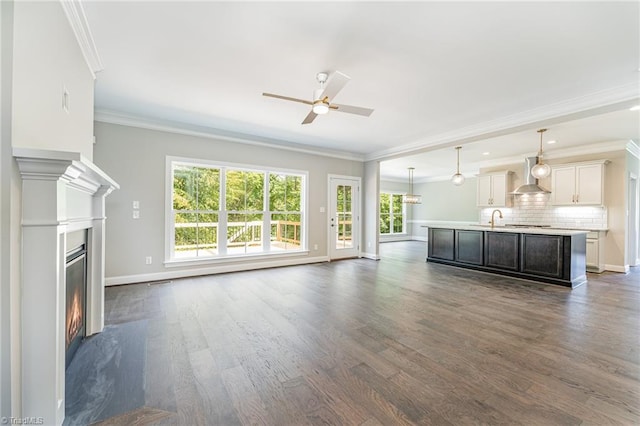 unfurnished living room with ornamental molding, a glass covered fireplace, dark wood-style flooring, and a sink