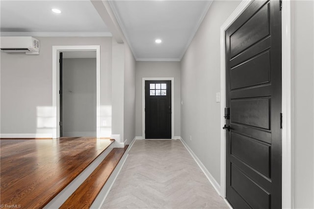 doorway to outside with an AC wall unit, ornamental molding, recessed lighting, and baseboards