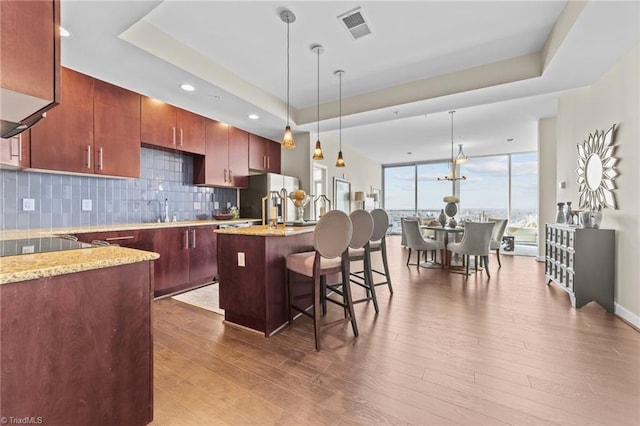 kitchen featuring hardwood / wood-style flooring, a raised ceiling, and tasteful backsplash