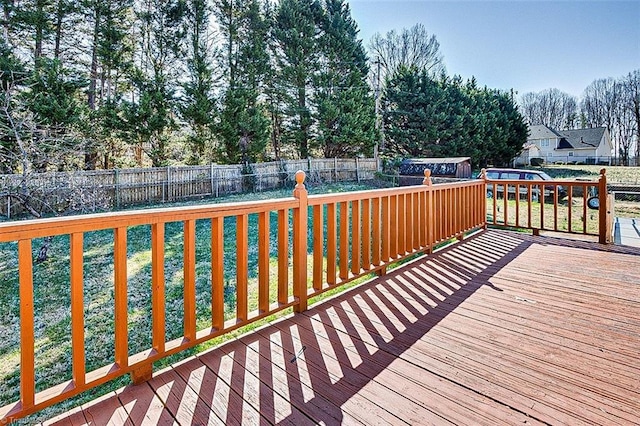 wooden deck with a fenced backyard