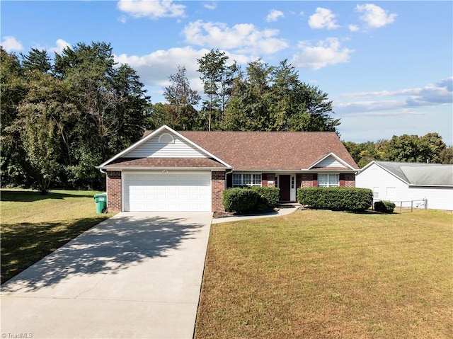 ranch-style home with a front lawn and a garage