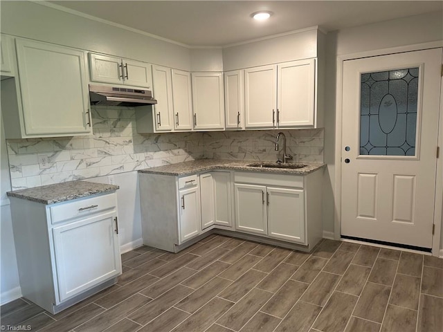 1230 W Sedgefield Dr, Winston-Salem, NC 27107 - kitchen featuring a sink, under cabinet range hood, wood finish floors, light stone counters, and ornamental molding