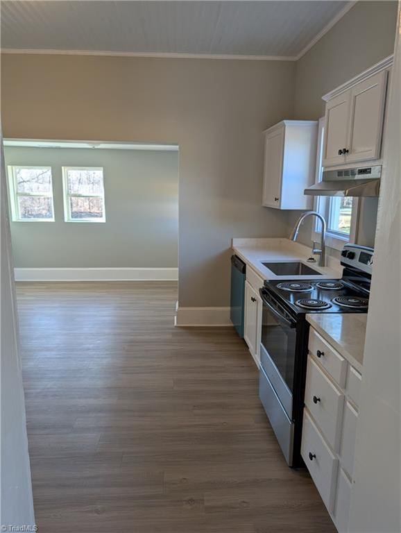 kitchen with sink, light wood-type flooring, ornamental molding, white cabinetry, and stainless steel appliances