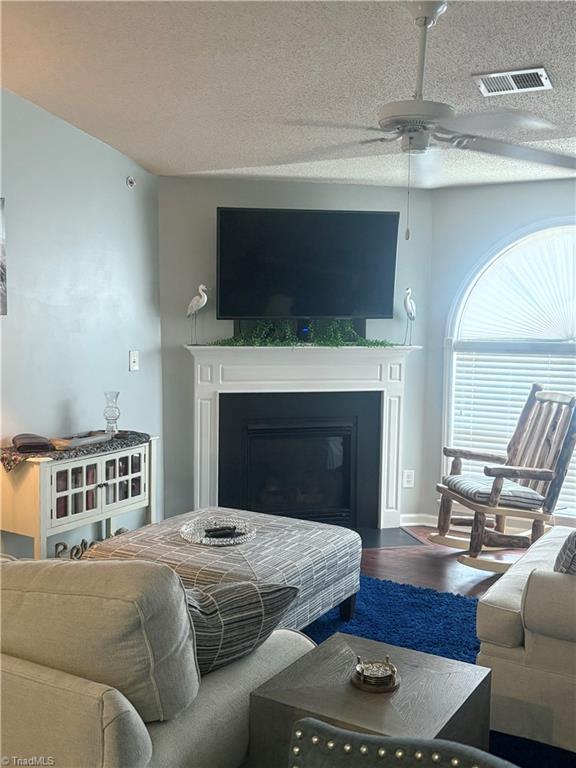 1620 Cherry Blossom Ln Unit 301, Winston-Salem, NC 27127 - living room with a glass covered fireplace, ceiling fan, wood finished floors, and a textured ceiling