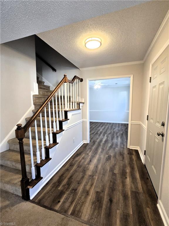 interior space featuring a textured ceiling, dark hardwood / wood-style floors, and crown molding