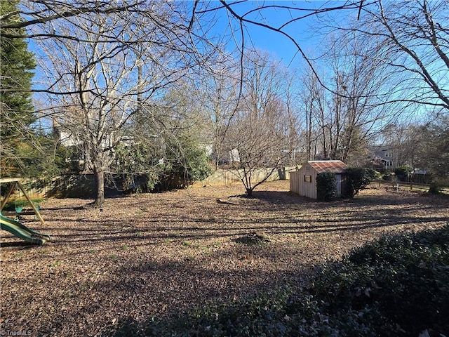 view of yard with a storage shed