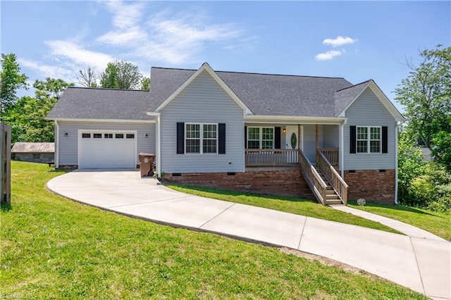 view of front of house with crawl space, a porch, an attached garage, driveway, and a front lawn