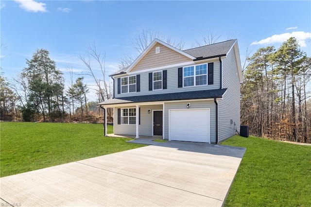 view of front property with a garage, a front lawn, and central air condition unit