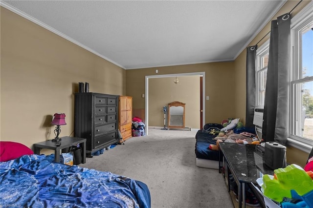 bedroom with a textured ceiling, carpet flooring, and ornamental molding