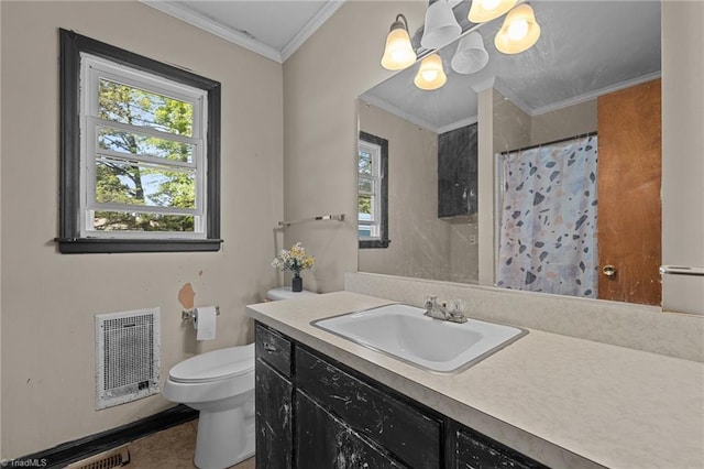 bathroom featuring visible vents, toilet, vanity, ornamental molding, and a chandelier