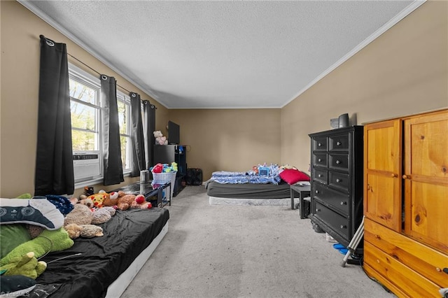 bedroom featuring cooling unit, carpet flooring, a textured ceiling, and crown molding