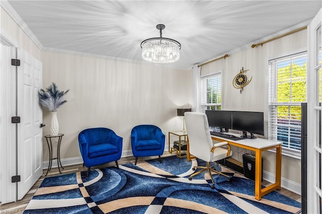 home office featuring crown molding, baseboards, wood finished floors, and a chandelier