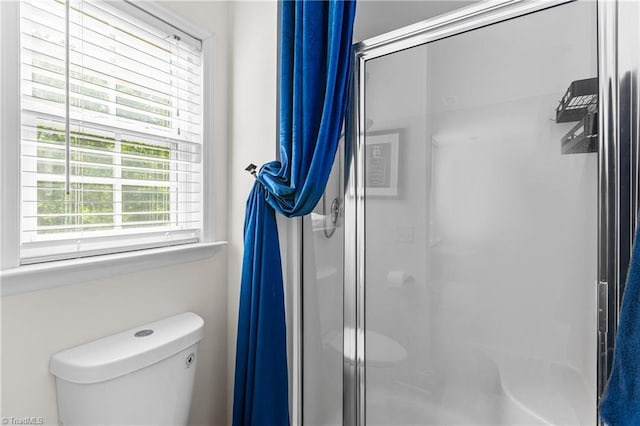 bathroom with toilet and a shower stall