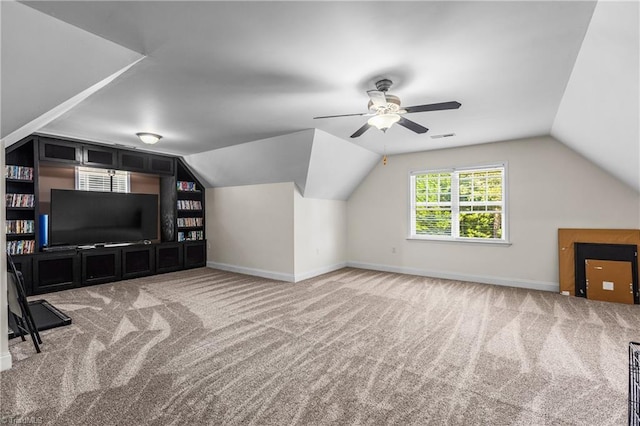 bonus room with visible vents, carpet, ceiling fan, and lofted ceiling