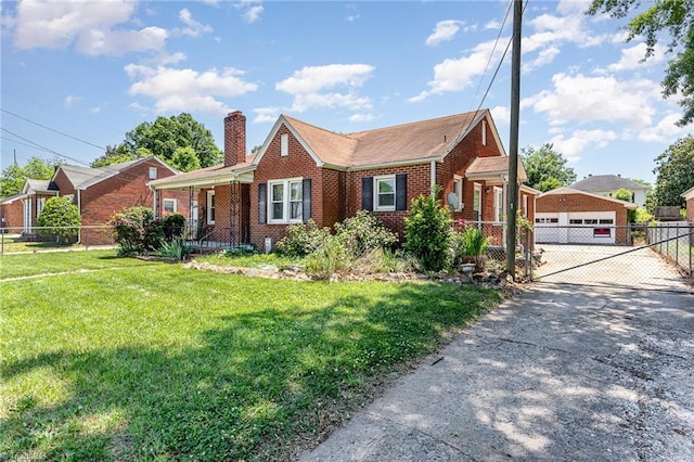 2110 E Green Dr, High Point, NC 27260 - view of front facade with an outbuilding, a chimney, fence, a front lawn, and brick siding