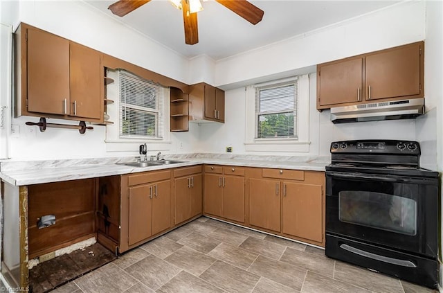 2110 E Green Dr, High Point, NC 27260 - kitchen with a sink, open shelves, black range with electric stovetop, under cabinet range hood, and light countertops