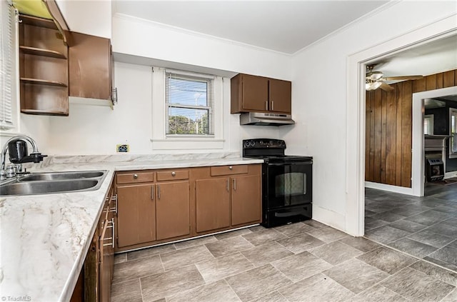 2110 E Green Dr, High Point, NC 27260 - kitchen featuring a sink, black range with electric cooktop, open shelves, baseboards, and under cabinet range hood