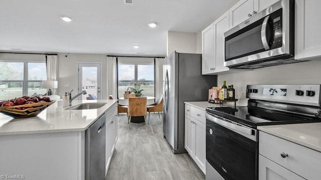 kitchen featuring white cabinetry, light countertops, a sink, and stainless steel appliances