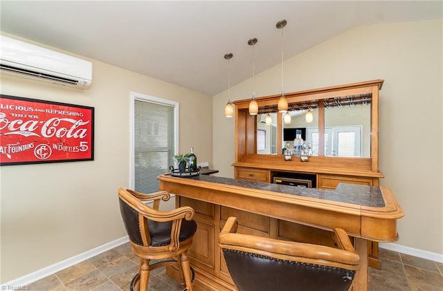 bar featuring beverage cooler, lofted ceiling, hanging light fixtures, and a wall mounted AC