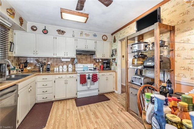 kitchen featuring dishwasher, sink, electric stove, white cabinets, and ornamental molding