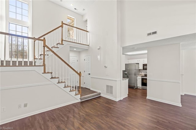 foyer with a towering ceiling and dark hardwood / wood-style floors