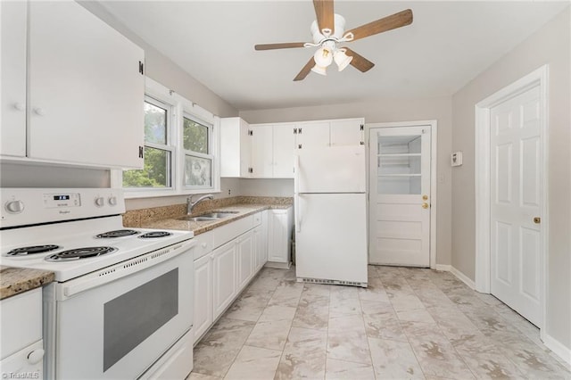 1705 Boyden St, Greensboro, NC 27403 - kitchen with white appliances, a sink, white cabinets, ceiling fan, and light marble finish floors