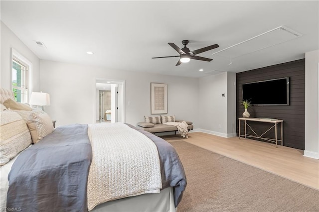 135 Boxwood Cir, Advance, NC 27006 - bedroom with attic access, baseboards, recessed lighting, wood finished floors, and ceiling fan