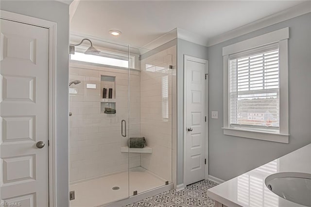 5927 Clouds Harbor Trl, Clemmons, NC 27012 - bathroom with plenty of natural light, vanity, a shower stall, baseboards, and recessed lighting