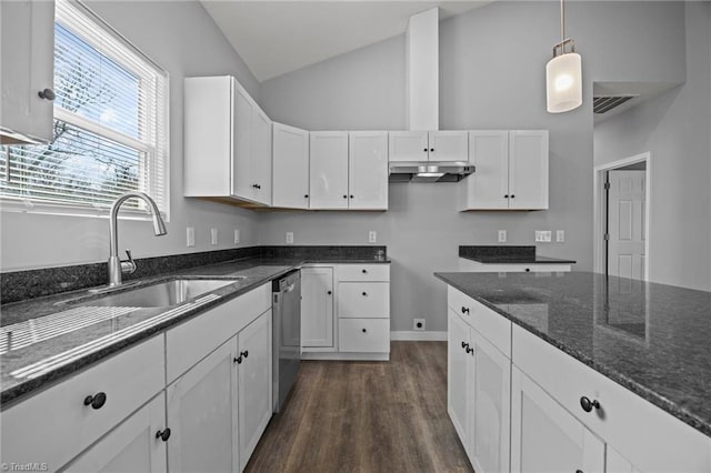 kitchen with a sink, white cabinets, lofted ceiling, and stainless steel dishwasher