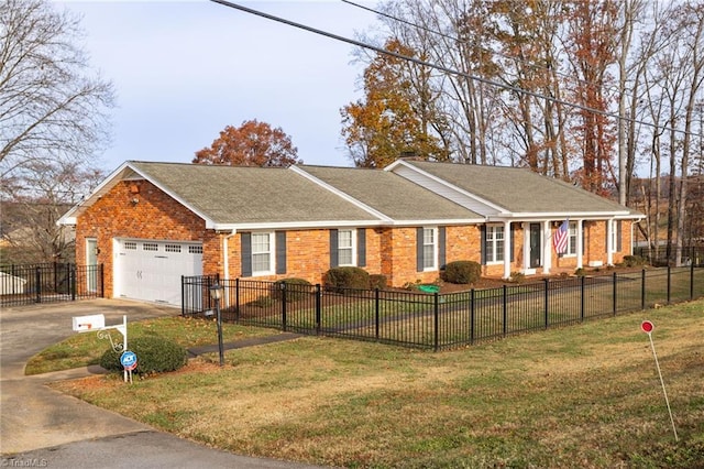 single story home with a garage and a front yard